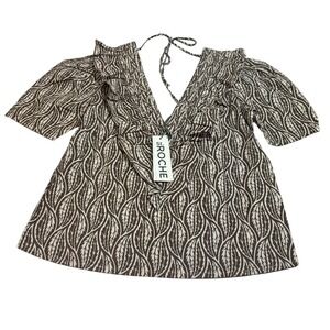 St. Roche NWT Sabine Cold Brew Cream Ruffle‎ Trim V Neck Short Sleeve MSRP $225